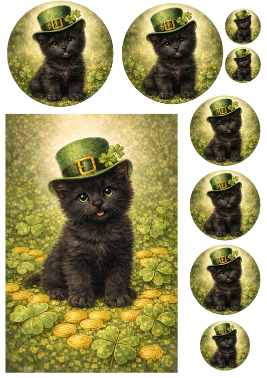 Sticker Sheet / Greeting Card – St. Patrick's Day Cat in a Hat Collage Cat. No. 8350