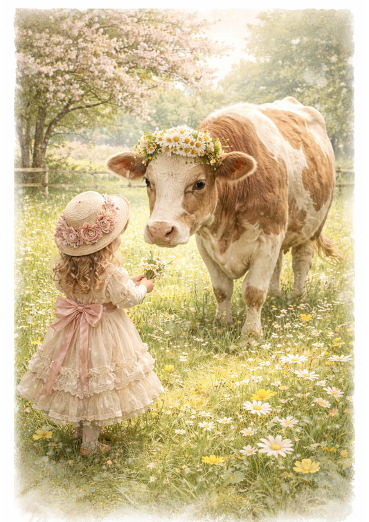 Sticker Sheet / Greeting Card – Girl Feeding Cow In A Meadow Full Of Cat. No. 8406