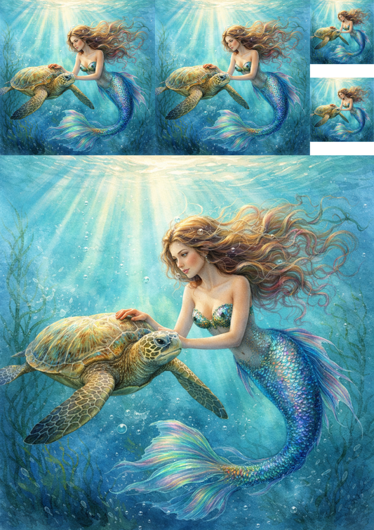 Sticker Sheet / Greeting Card – Mermaid With Turtle Collage Cat. No. 8408