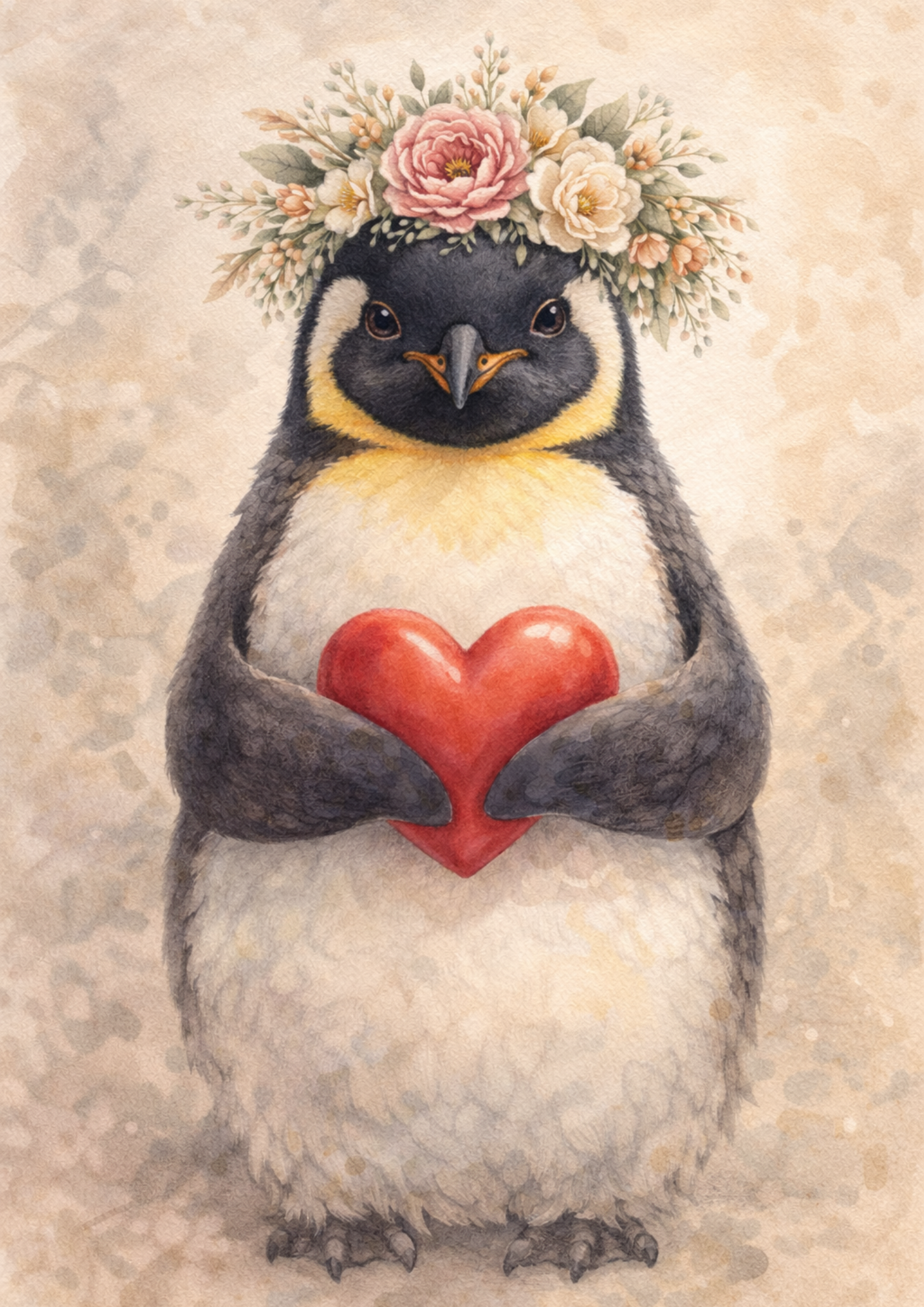 Sticker Sheet / Greeting Card – Penguin In A Wreath Holding A Heart Full Cat. No. 8413