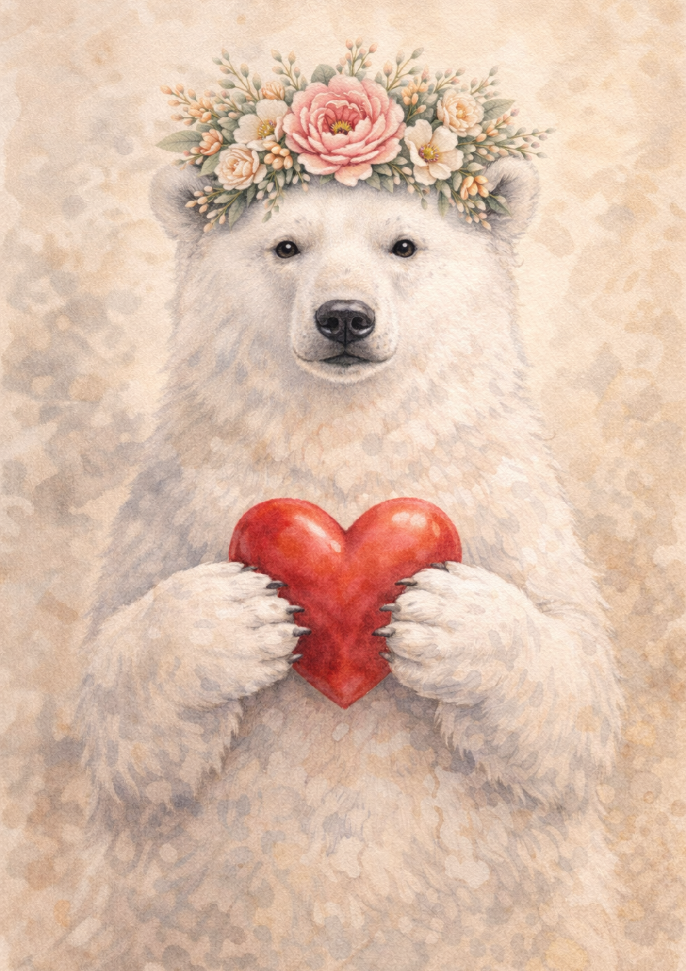 Sticker Sheet / Greeting Card – Polar Bear in a Wreath Holding a Heart Full Cat. No. 8414
