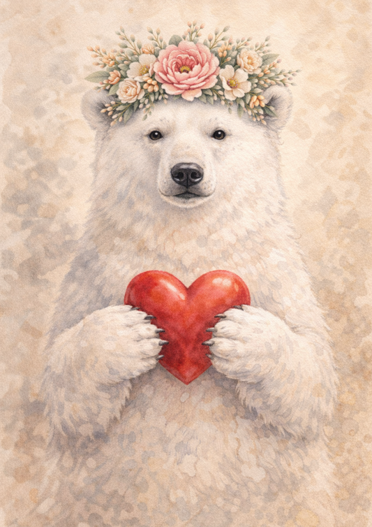 Sticker Sheet / Greeting Card – Polar Bear in a Wreath Holding a Heart Full Cat. No. 8414