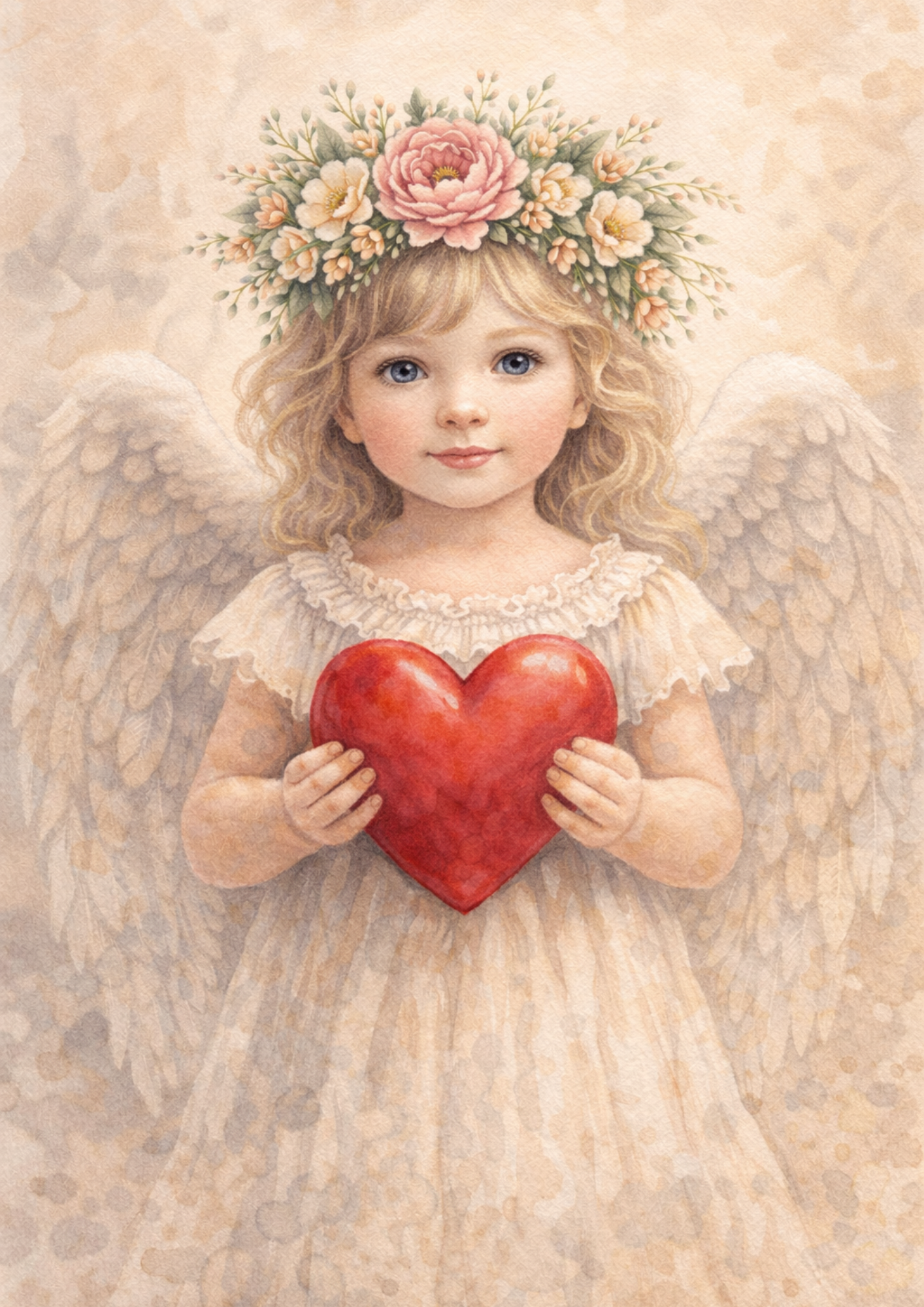 Sticker Sheet / Greeting Card – Angel in a Wreath Holding a Heart Full of Cat. No. 8415