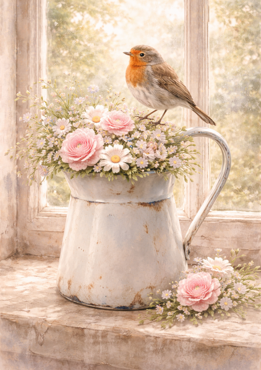 Sticker Sheet / Greeting Card – Red Robin On Flowers Full Cat. No. 8433
