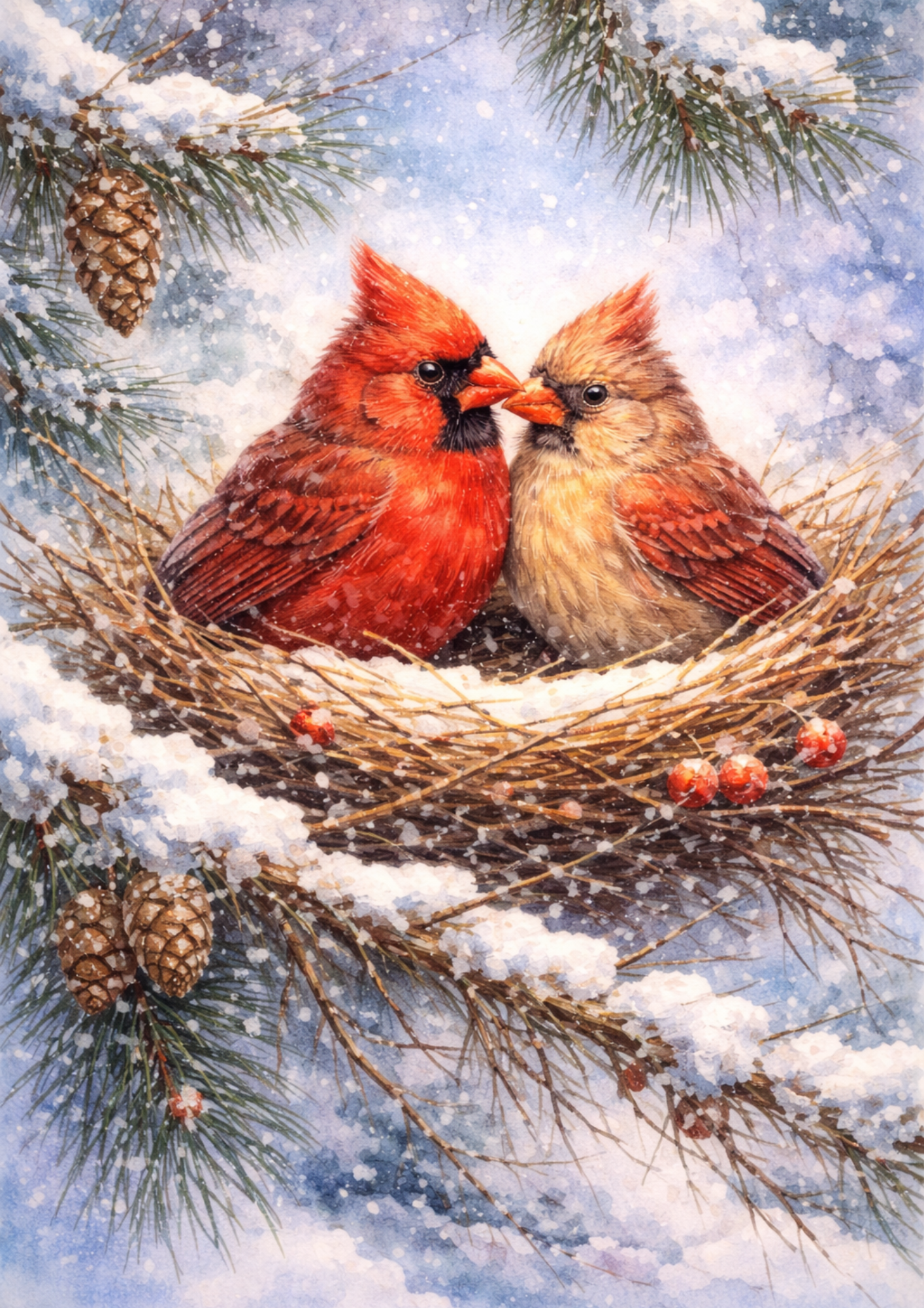 Sticker Sheet / Greeting Card – Red Cardinals In A Nest In Winter Full Cat. No. 8437