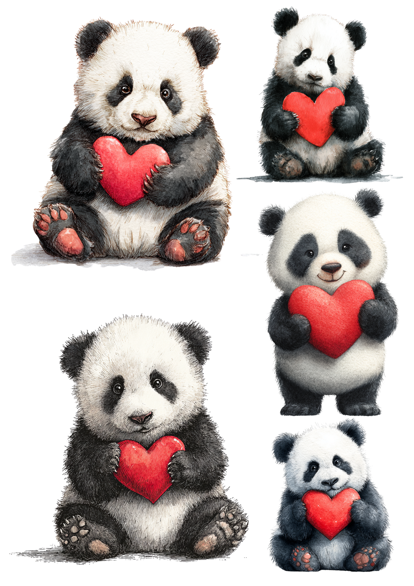 Sticker Sheet / Greeting Card – Panda Bear Holding a Heart Collage Cat. No. 8443