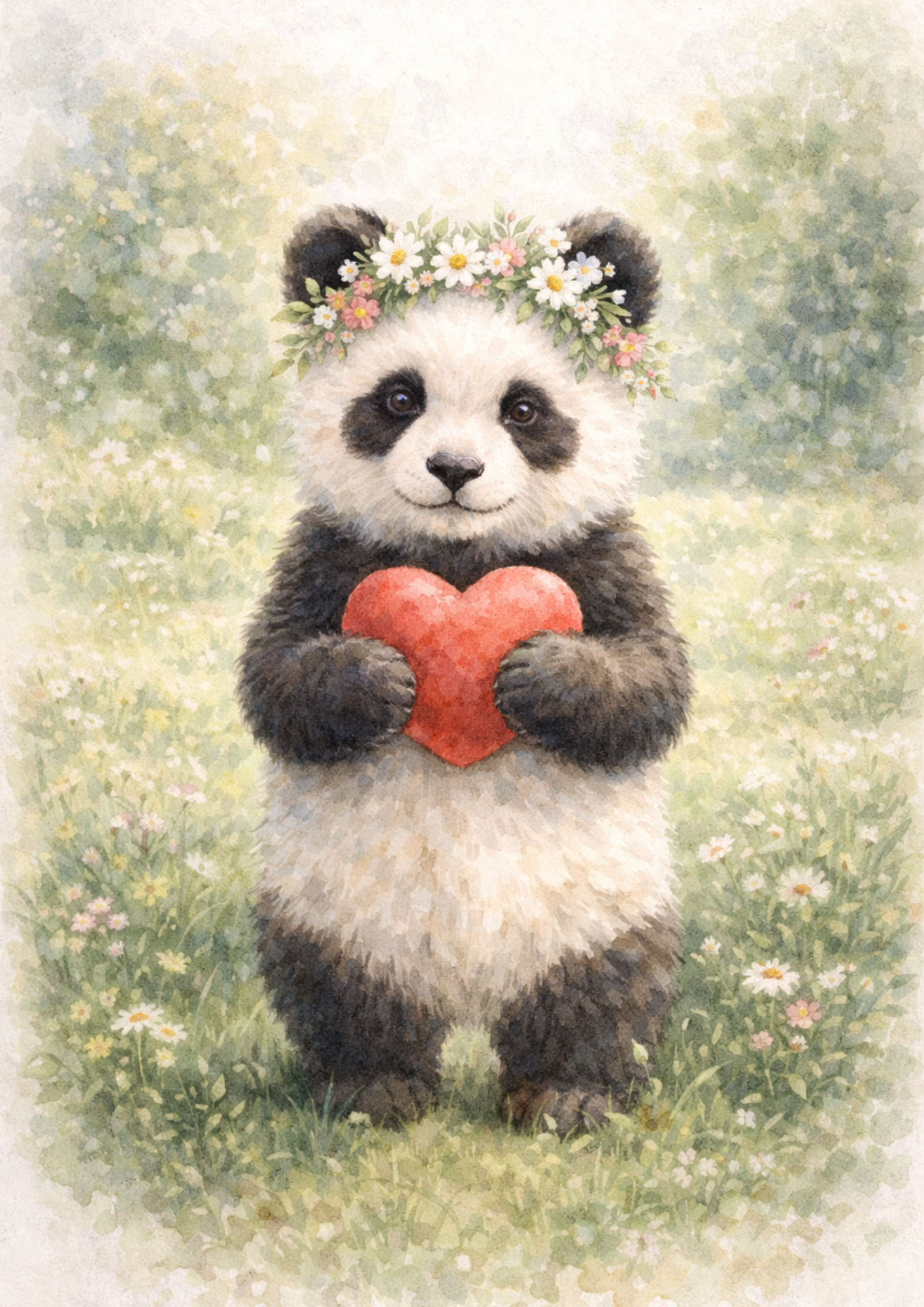 Sticker Sheet / Greeting Card – Panda In A Wreath Holding A Heart Full Cat. No. 8452