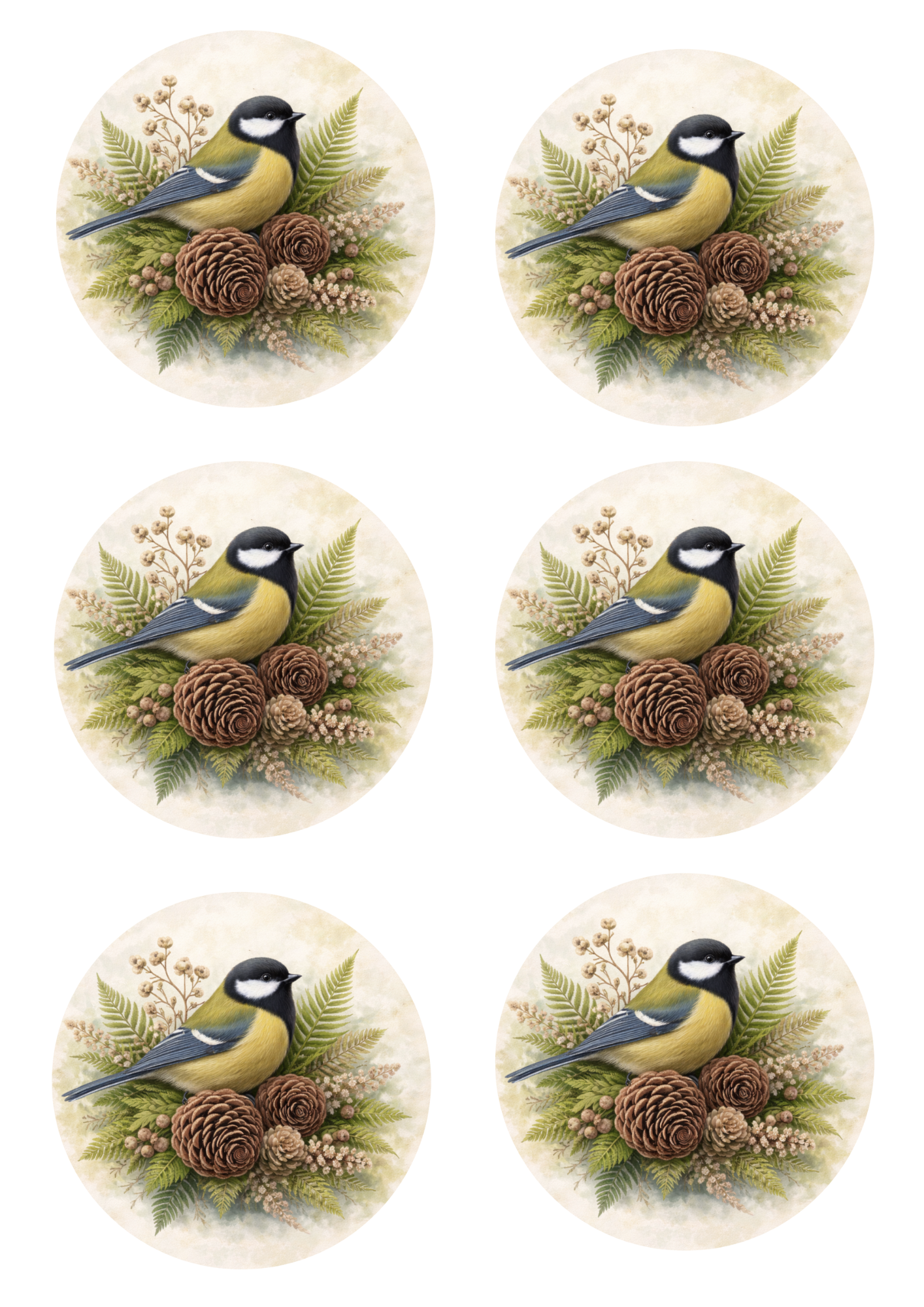 Sticker Sheet / Greeting Card – Titmouse on a Decoration Collage Cat. No. 8454