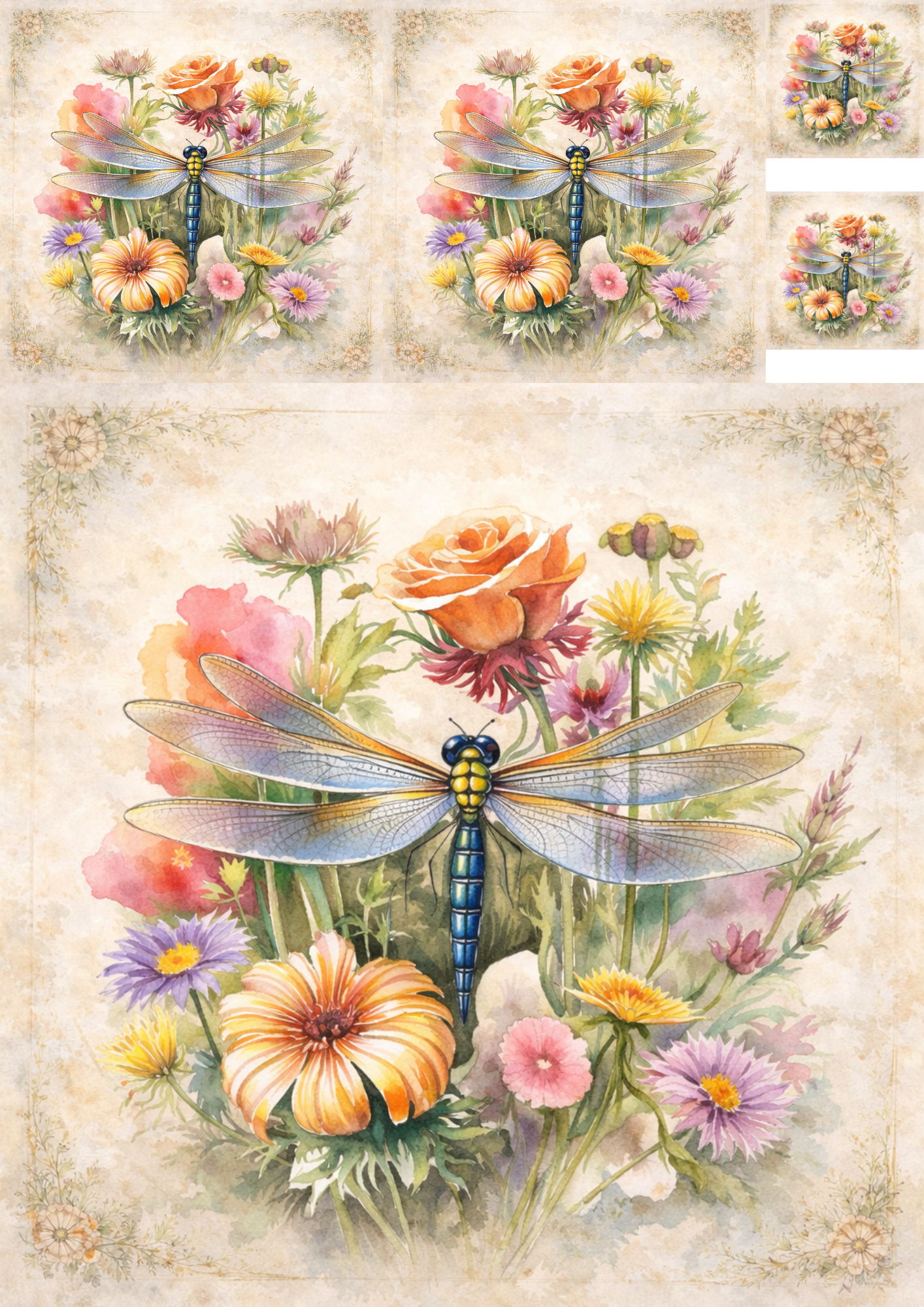 Sticker Sheet / Greeting Card – Dragonfly Over Flowers Collage Cat. No. 8470