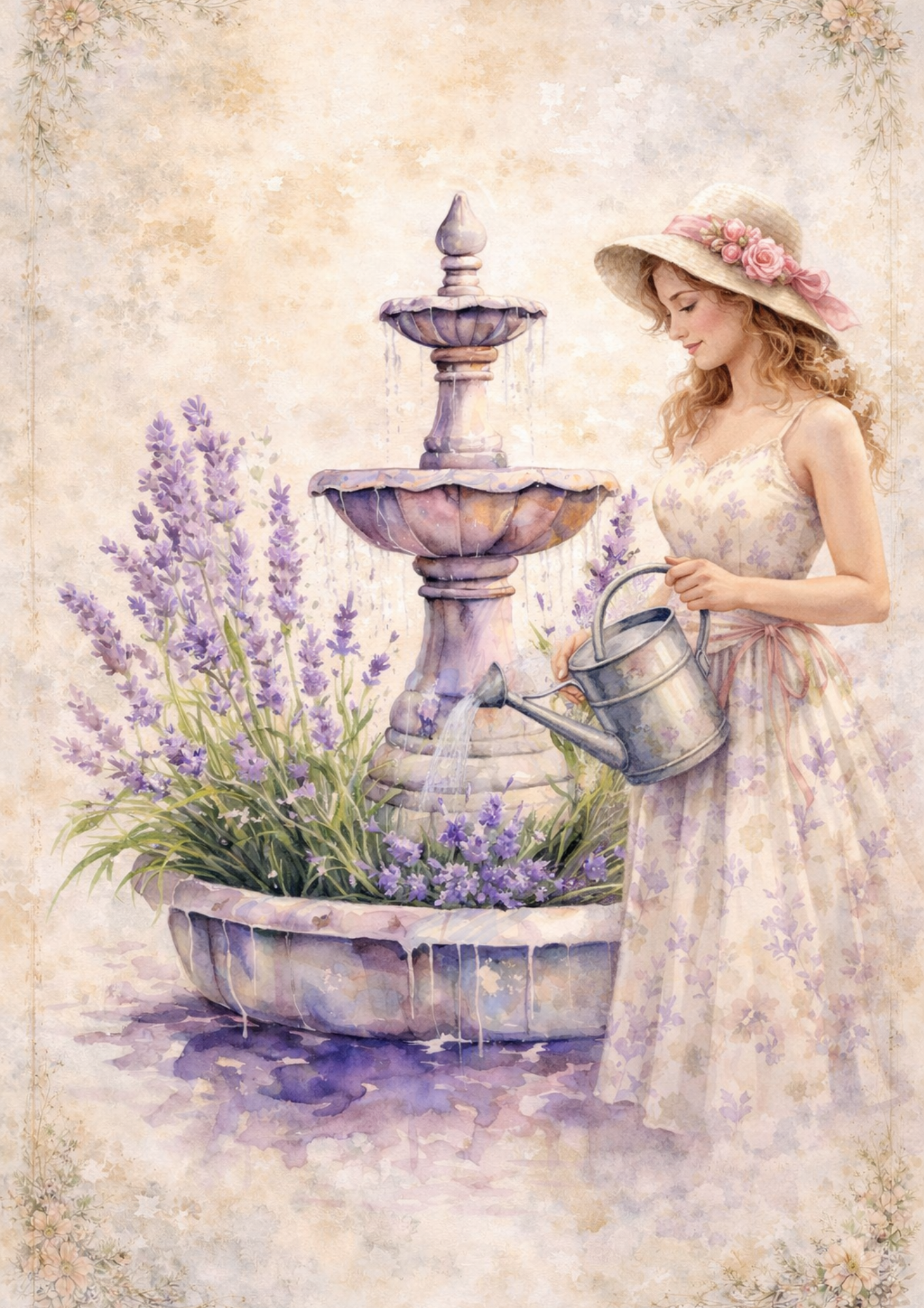 Sticker Sheet / Greeting Card – Decoupage Woman at the Lavender Fountain Full Cat. No. 8473