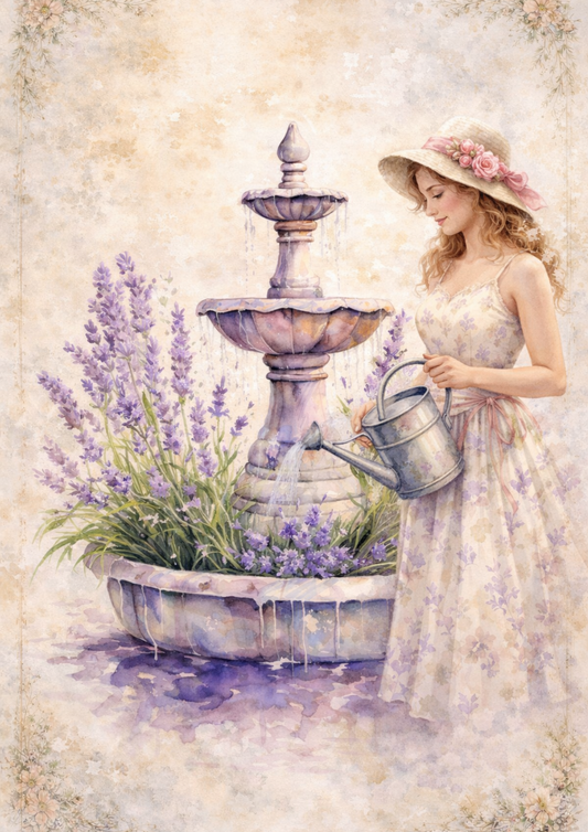 Sticker Sheet / Greeting Card – Decoupage Woman at the Lavender Fountain Full Cat. No. 8473