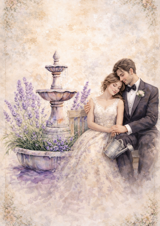 Sticker Sheet / Greeting Card – Couple in Love by the Lavender Fountain Full Cat. No. 8474