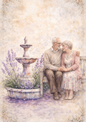 Sticker Sheet / Greeting Card – Decoupage Mature Couple at the Lavender Fountain Full Cat. No. 8476