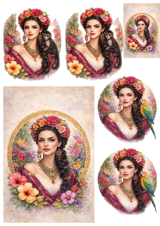 Sticker Sheet / Greeting Card – Exotic Woman in a Wreath Collage Cat. No. 8479