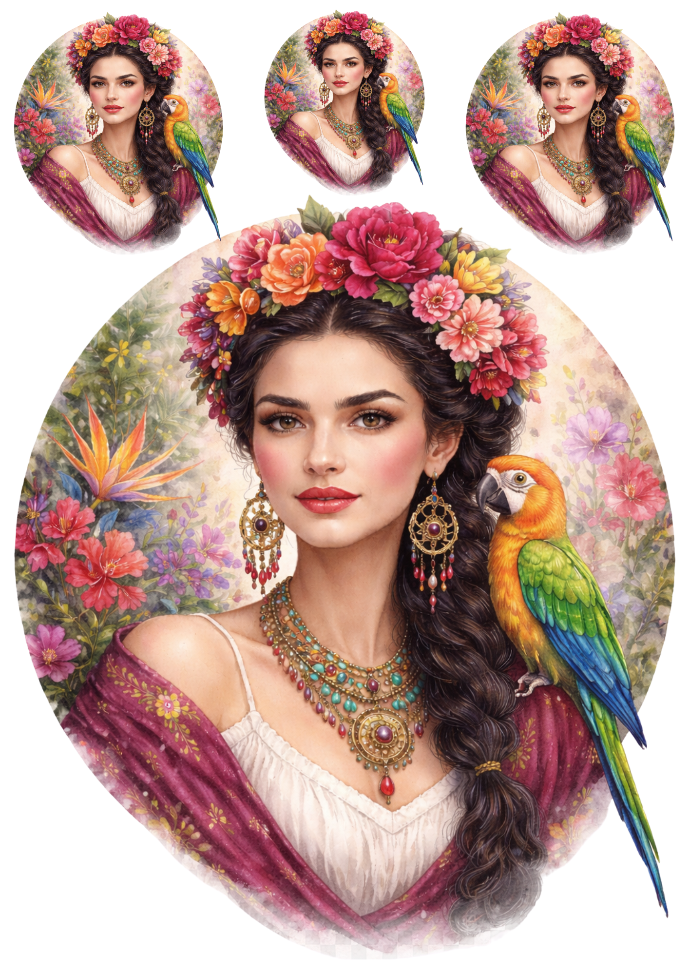 Sticker Sheet / Greeting Card – Exotic Woman in a Wreath Collage Cat. No. 8481