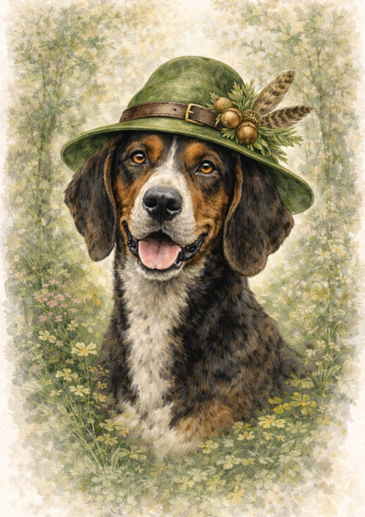 Sticker Sheet / Greeting Card – Swiss Hound In A Hunting Hat Full Cat. No. 8490