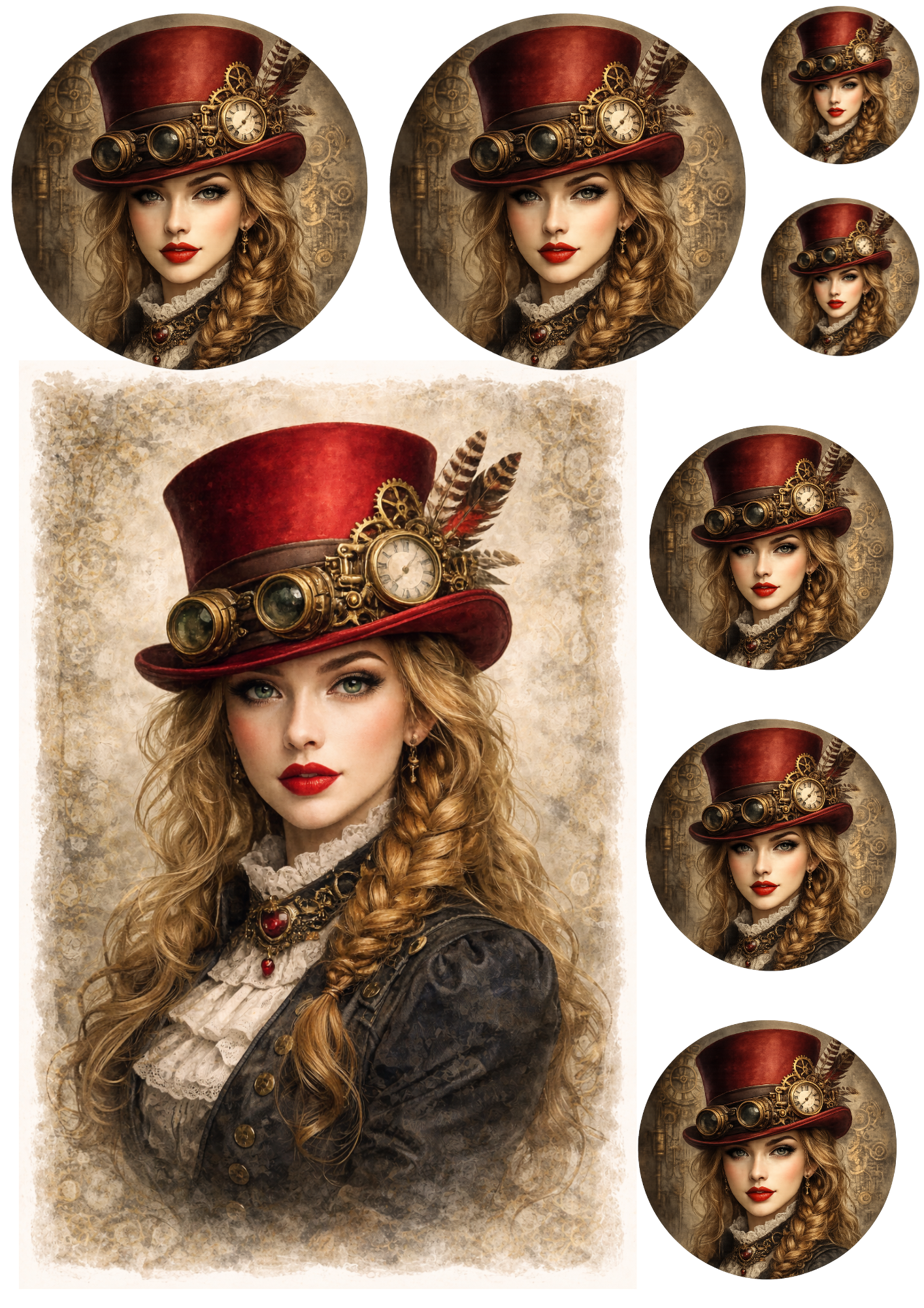 Sticker Sheet / Greeting Card – Woman In A Hat Steampunk Style Collage Cat. No. 8494