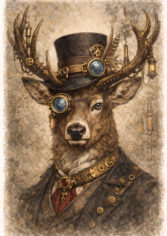 Sticker Sheet / Greeting Card – Deer in a Hat Steampunk Style Full Cat. No. 8496