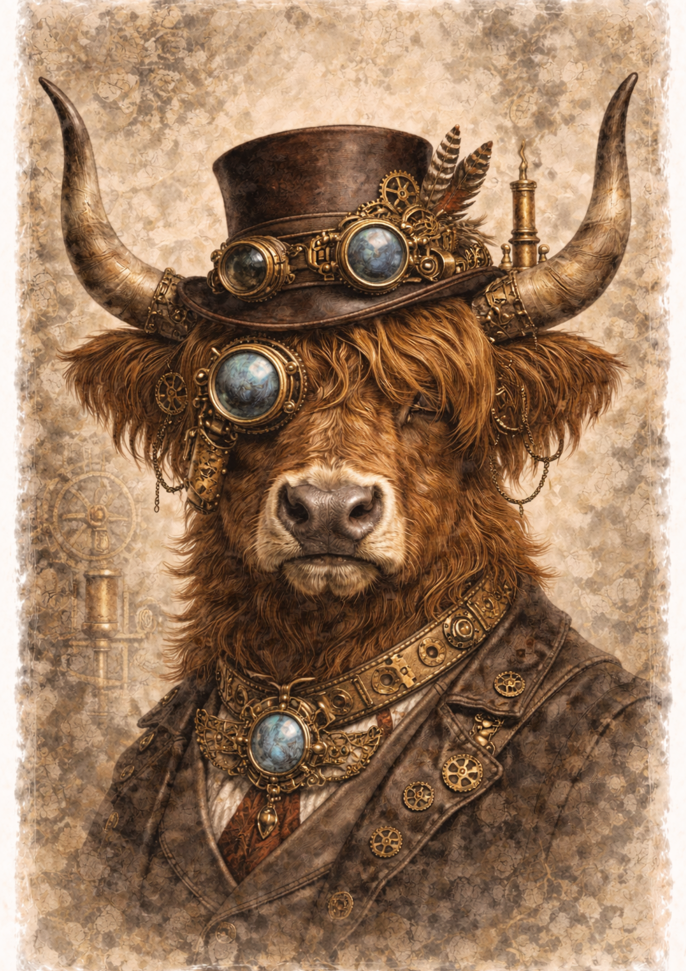 Sticker Sheet / Greeting Card – Decoupage Highland Cow in a Hat Steampunk Style Full Cat. No. 8497