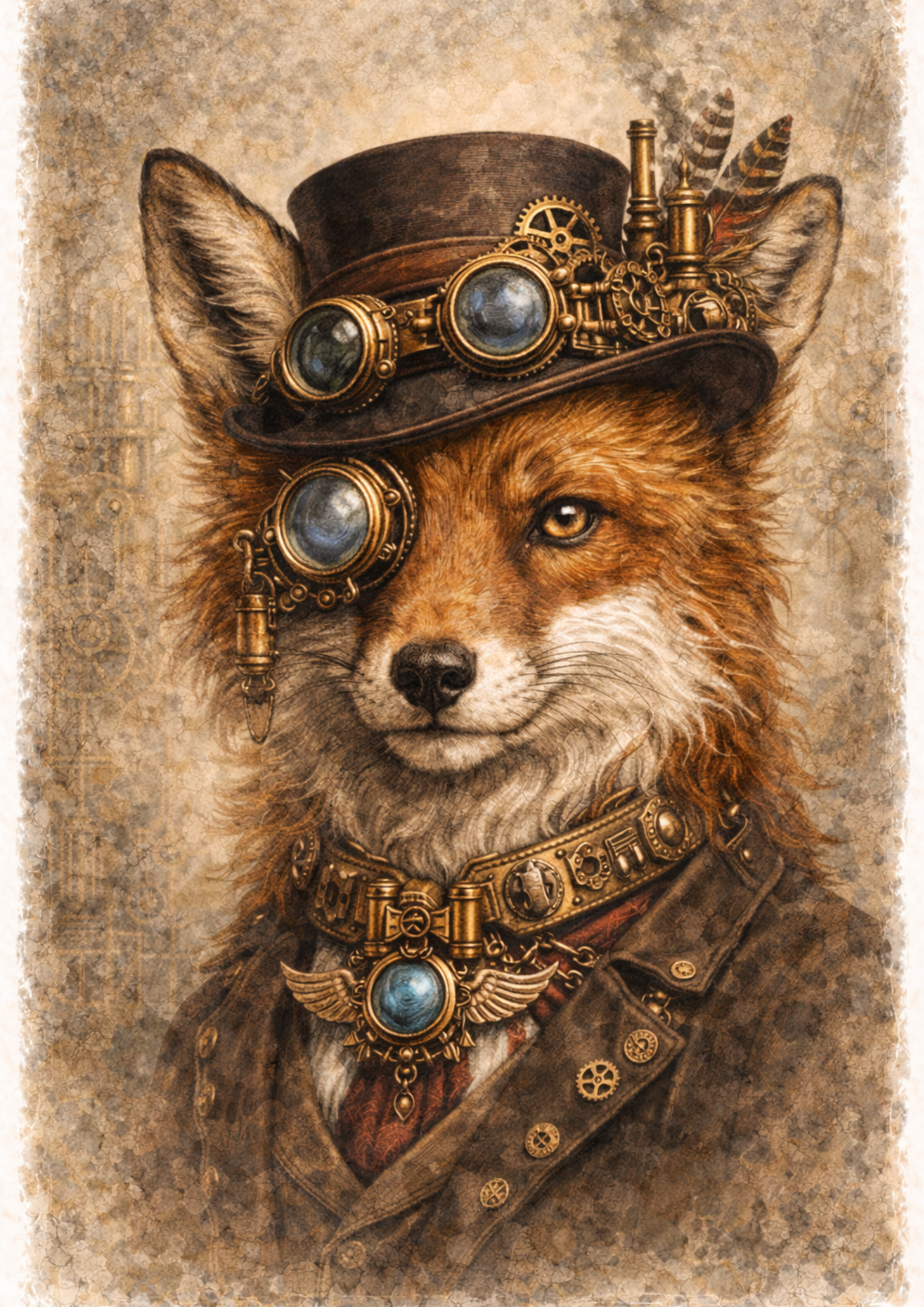 Sticker Sheet / Greeting Card – Decoupage Fox in a Hat Steampunk Style Full Cat. No. 8498