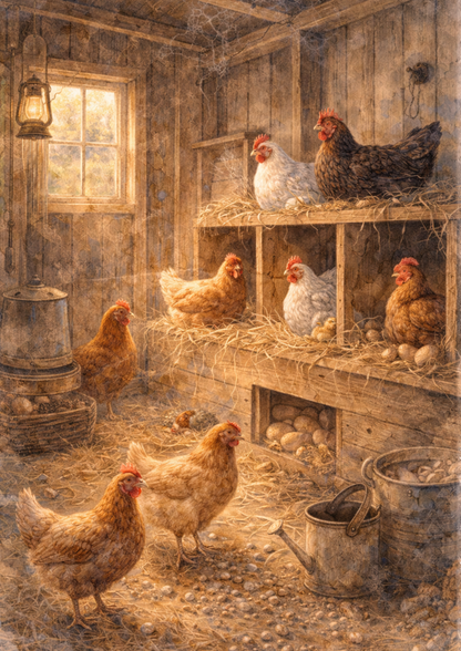 Sticker Sheet / Greeting Card – Chickens In A Henhouse Full Cat. No. 8503