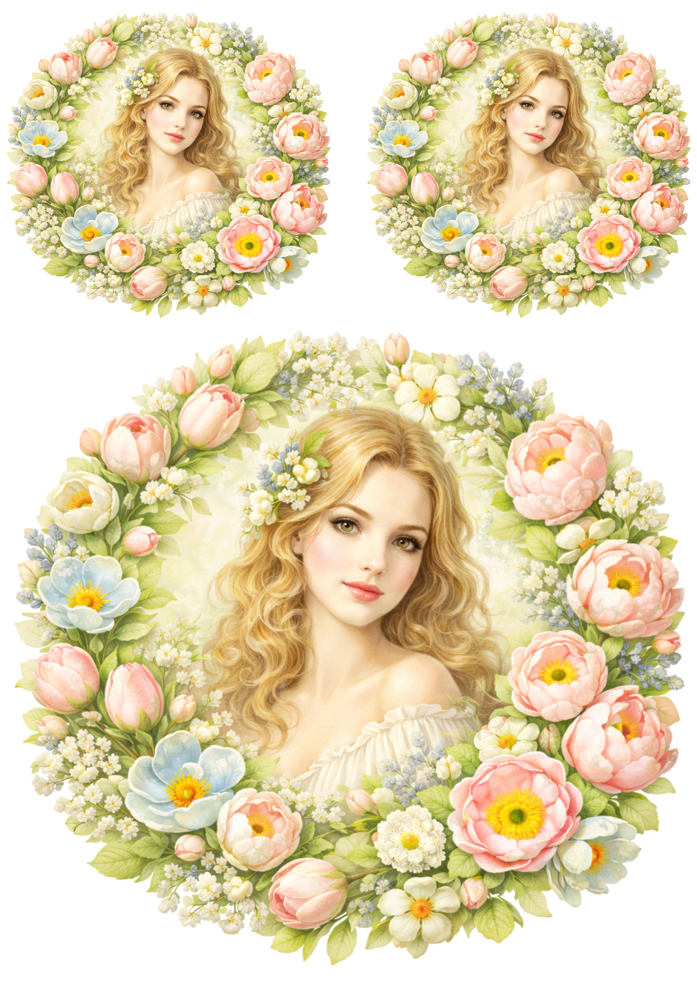 Sticker Sheet / Greeting Card – Beautiful Woman In Flowers Collage Cat. No. 8519