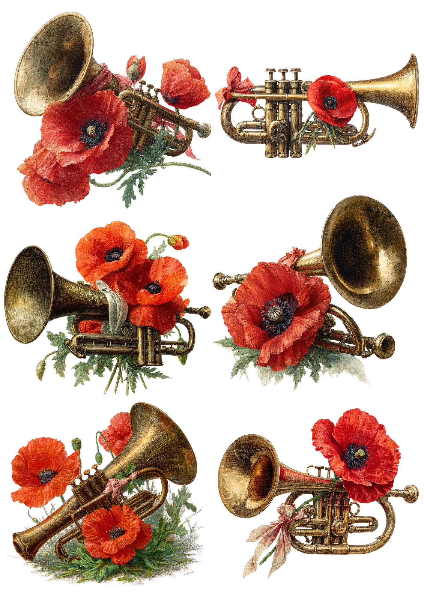 Sticker Sheet / Greeting Card – Trumpet and Poppies Collage Cat. No. 8536