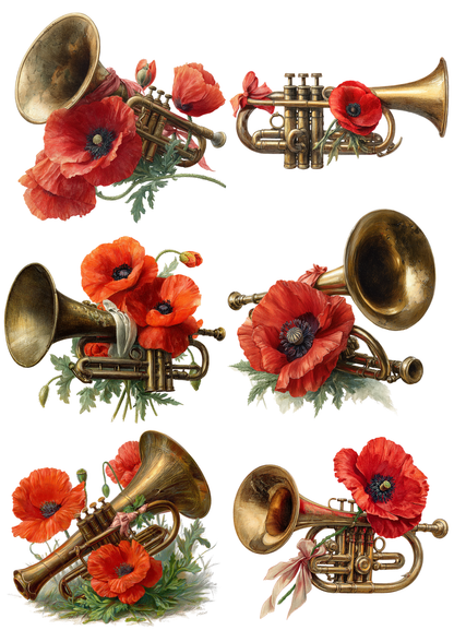 Sticker Sheet / Greeting Card – Trumpet and Poppies Collage Cat. No. 8536