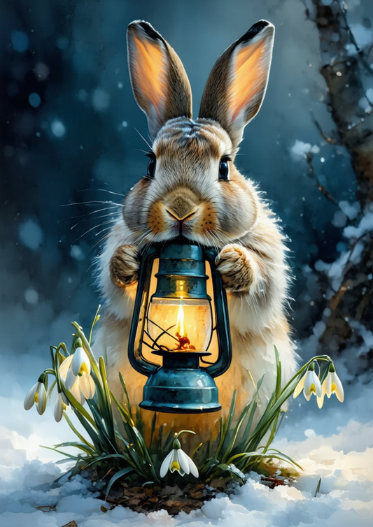 Sticker Sheet / Greeting Card – Bunny with Lantern and Crocus Full Cat. No. 8554