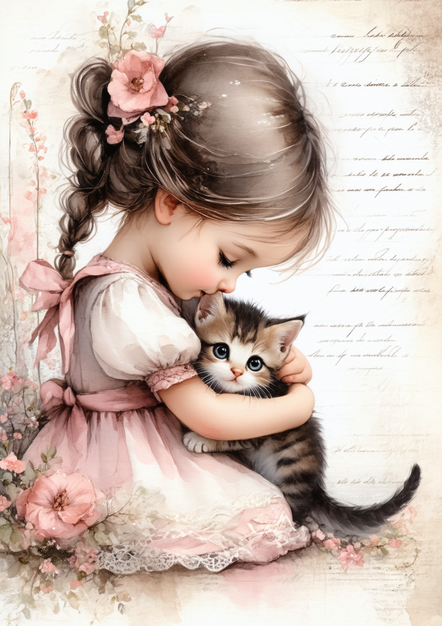 Sticker Sheet / Greeting Card – Girl With Kitten Full Cat. No. 8555