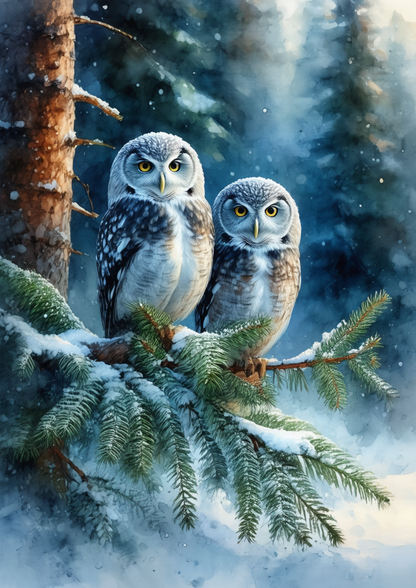 Sticker Sheet / Greeting Card – A Pair of Owls in the Snow Cat. No. 8584