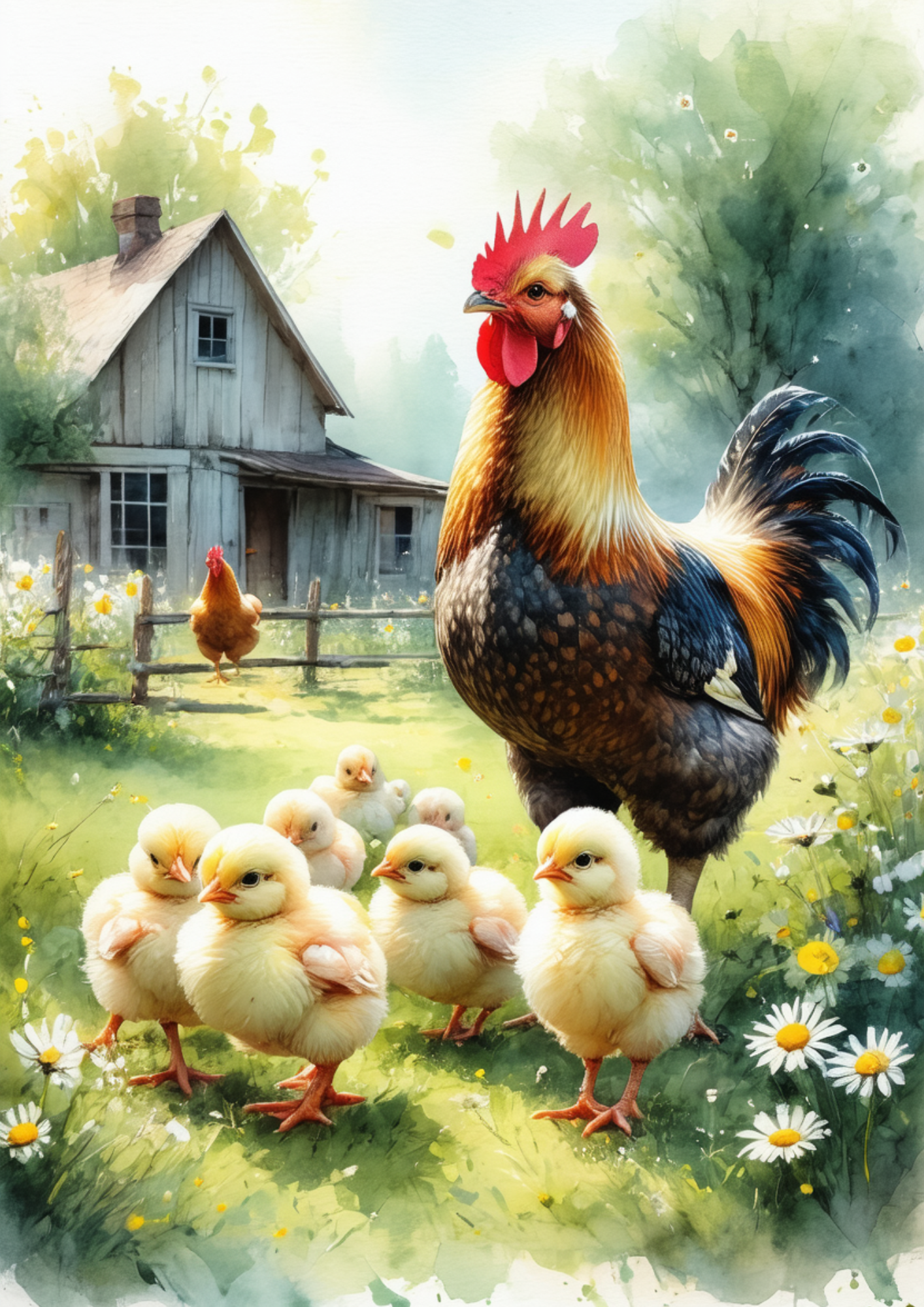 Sticker Sheet / Greeting Card – Rooster And Chickens Full Cat. No. 8616