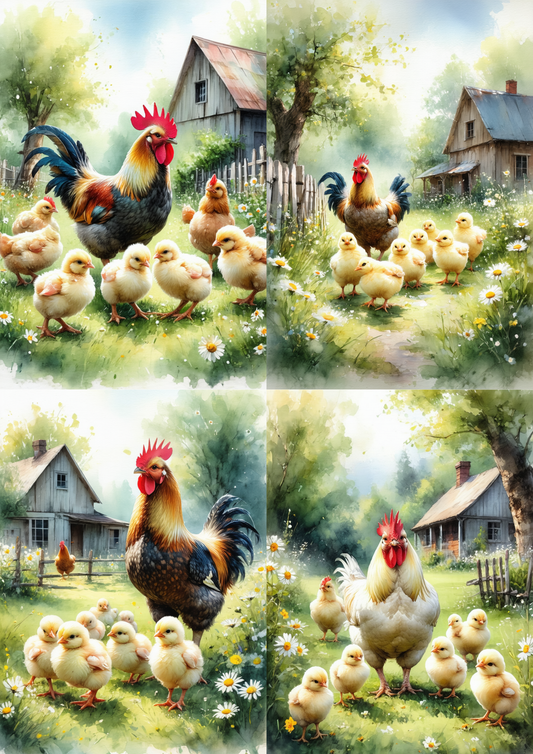 Sticker Sheet / Greeting Card – Rooster, Hen and Chickens Collage Cat. No. 8617