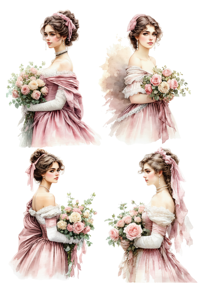 Sticker Sheet / Greeting Card – Victorian Lady with Floral Bouquet Collage Full Cat. No. 8647