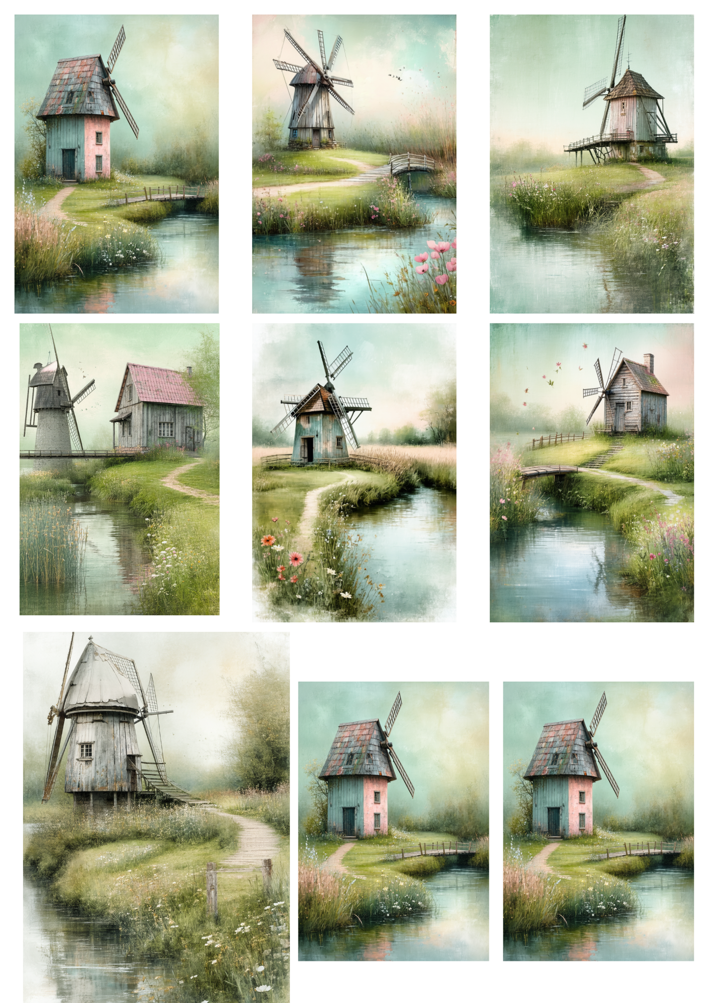 Sticker Sheet / Greeting Card – Old Windmill Landscape Collage Cat. No. 8651