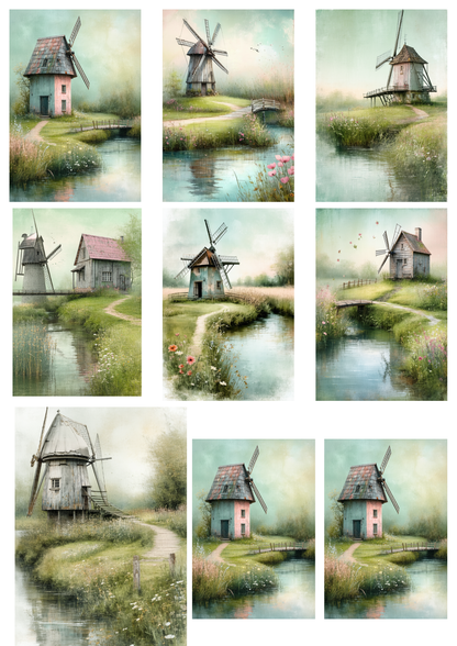Sticker Sheet / Greeting Card – Old Windmill Landscape Collage Cat. No. 8651