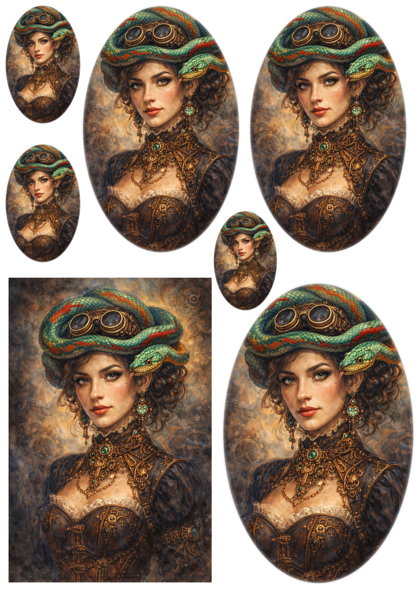 Sticker Sheet / Greeting Card – Steampunk Lady & Snake Collage Cat. No. 8696