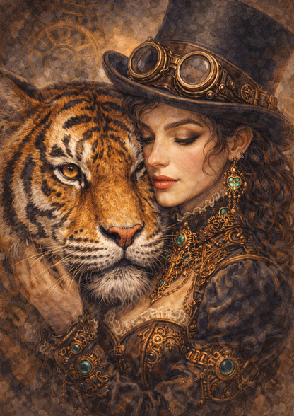 Sticker Sheet / Greeting Card – Steampunk Lady & Tiger Full Cat. No. 8697