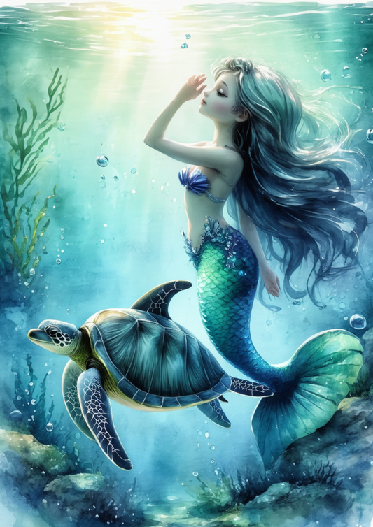 Sticker Sheet / Greeting Card – Mermaid With Turtle Full Cat. No. 8730