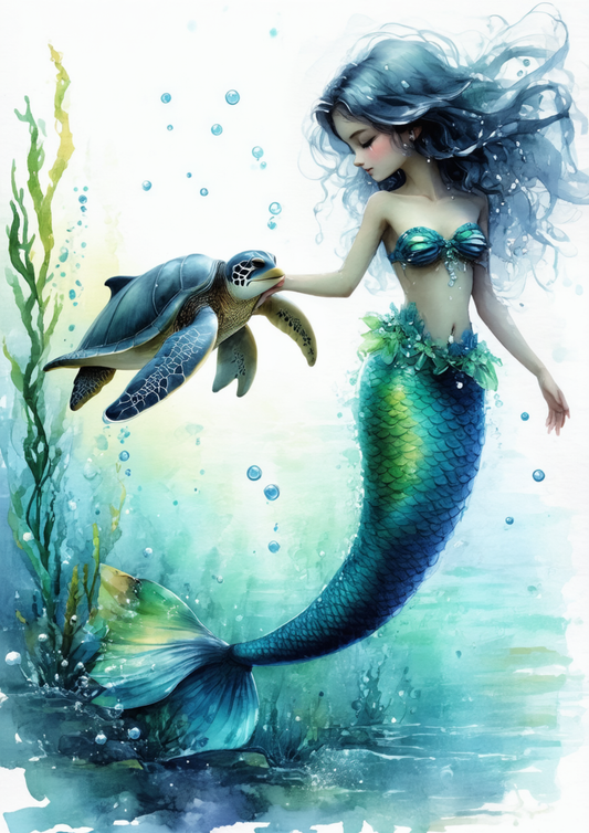 Sticker Sheet / Greeting Card – Mermaid With Turtle Full Cat. No. 8731