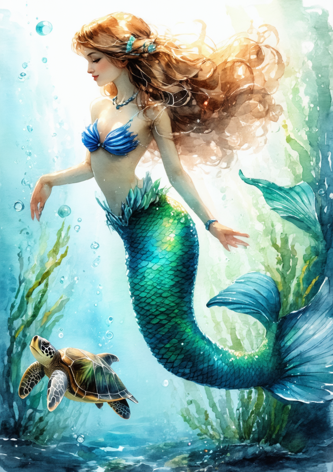 Sticker Sheet / Greeting Card – Mermaid With Turtle Full Cat. No. 8732