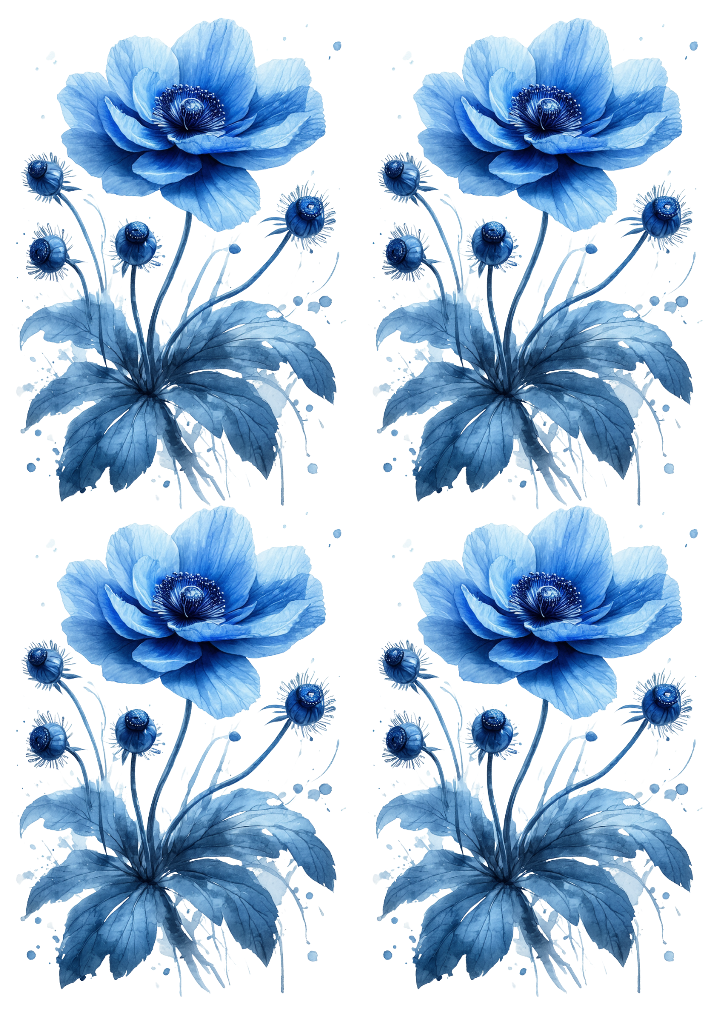 Sticker Sheet / Greeting Card – Watercolor Blue Anemone Collage Cat. No. 8737