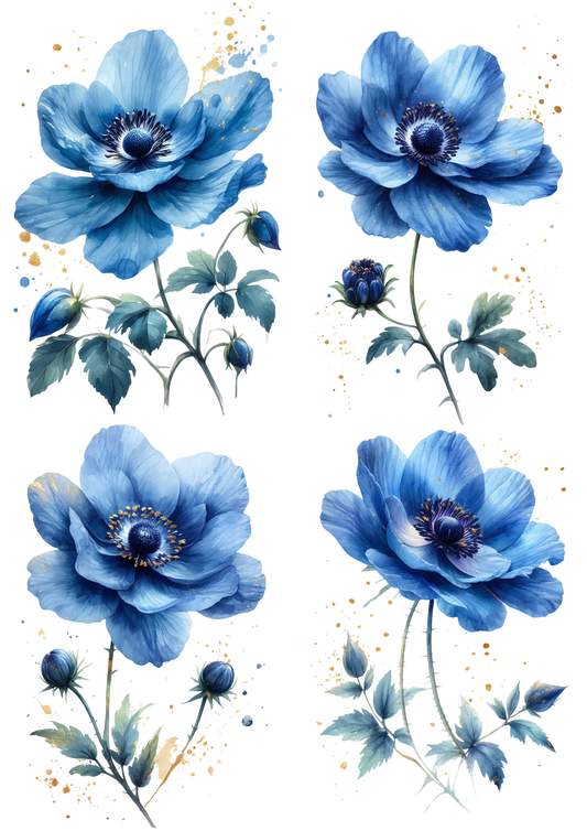Sticker Sheet / Greeting Card – Watercolor Blue Anemone Collage Cat. No. 8738