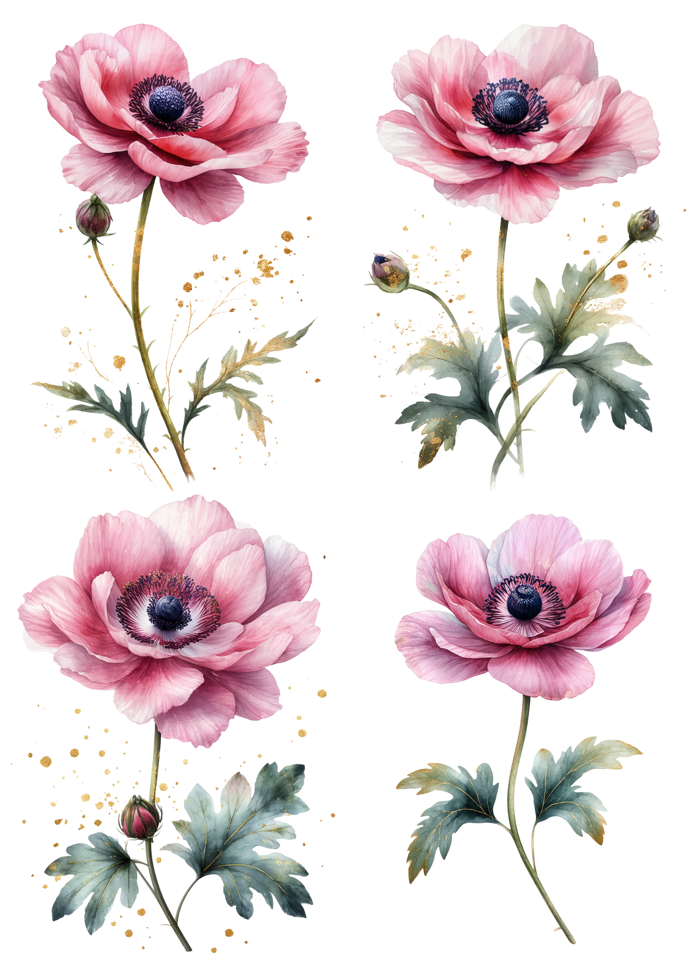 Sticker Sheet / Greeting Card – Watercolor Dust Pink Anemone Collage Cat. No. 8739