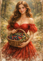 Sticker Sheet / Greeting Card – Beautiful Woman with Basket Full Cat. No. 8744