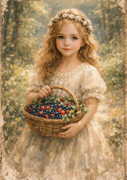Sticker Sheet / Greeting Card – Beautiful Girl with Basket Full Cat. No. 8745