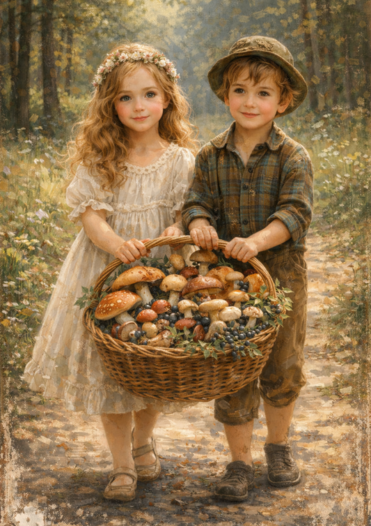 Sticker Sheet / Greeting Card – Children with Basket of Mushrooms Full Cat. No. 8746