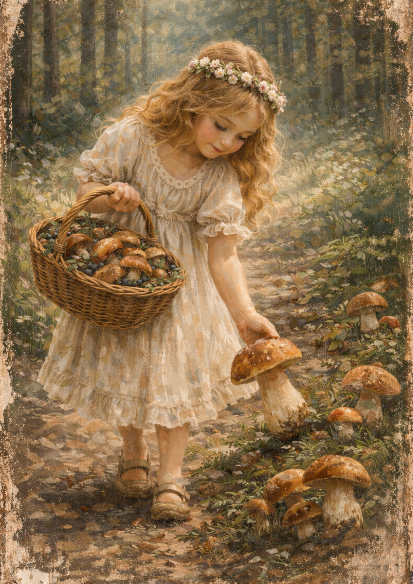 Sticker Sheet / Greeting Card – Girl with Basket of Mushrooms Full Cat. No. 8747