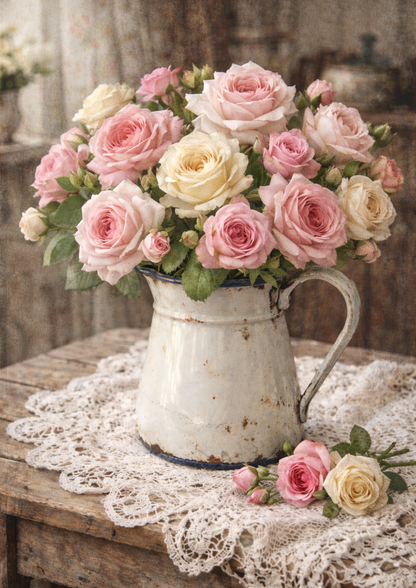 Sticker Sheet / Greeting Card – Pink Roses in Enemal Jug Full Cat. No. 8781