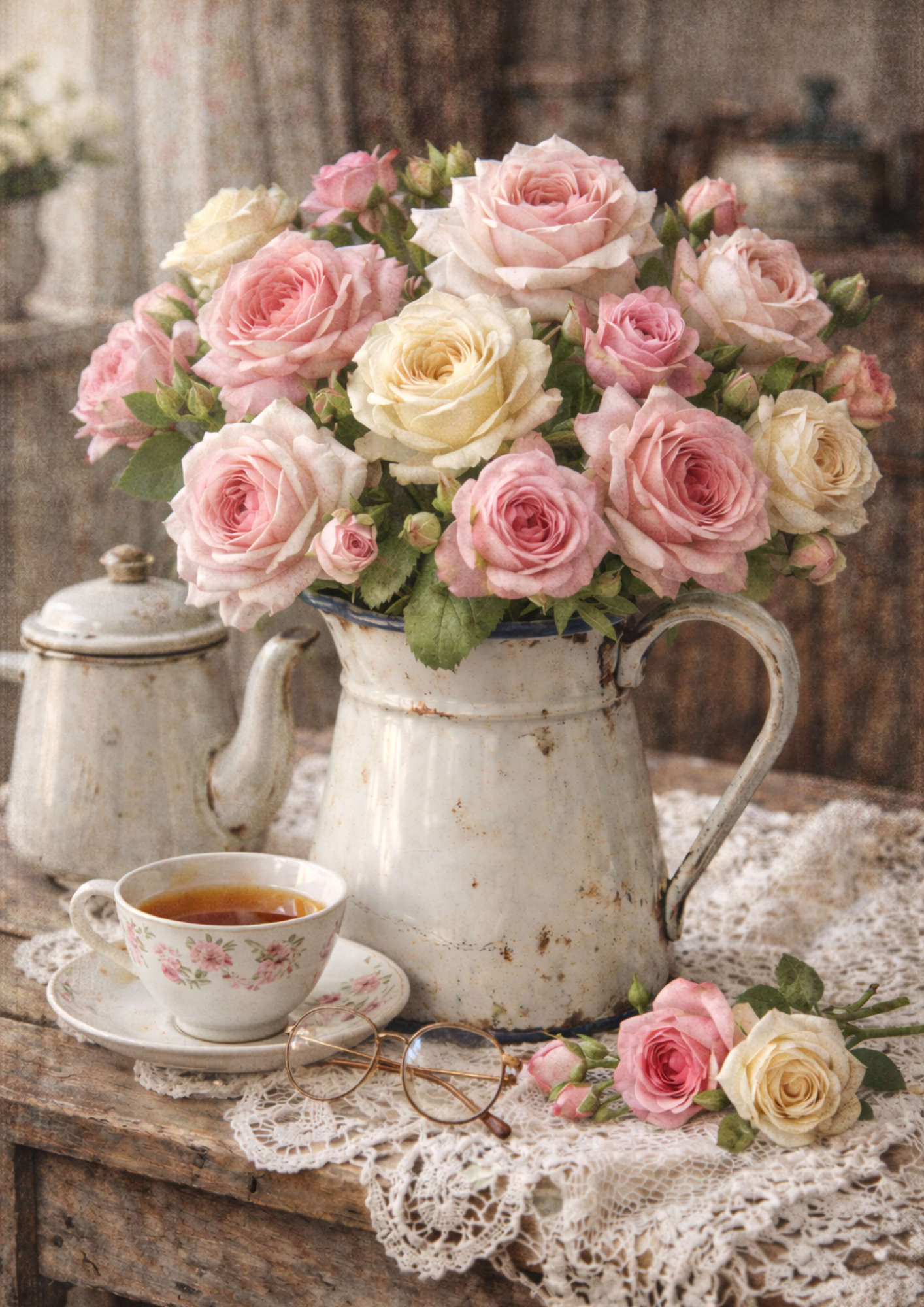Sticker Sheet / Greeting Card – Vintage Pink Roses in Enemal Jug Full Cat. No. 8782